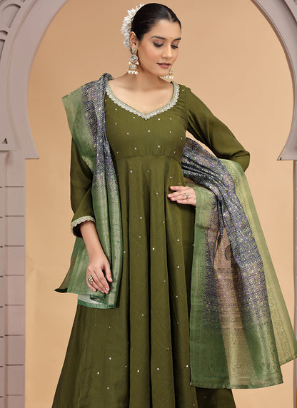 Chiffon Mehndi Festival Wear Pattern Pc Work Readymade Anarkali Suit 386183