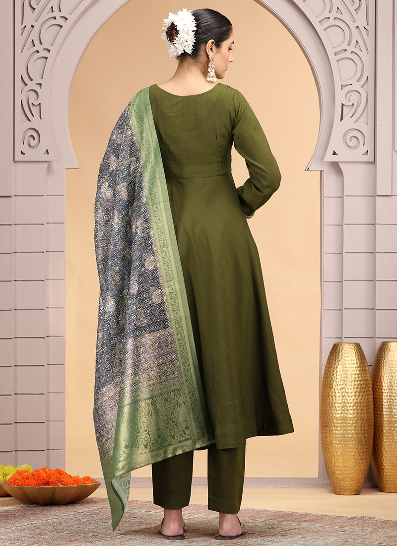 Chiffon Mehndi Festival Wear Pattern Pc Work Readymade Anarkali Suit 386183