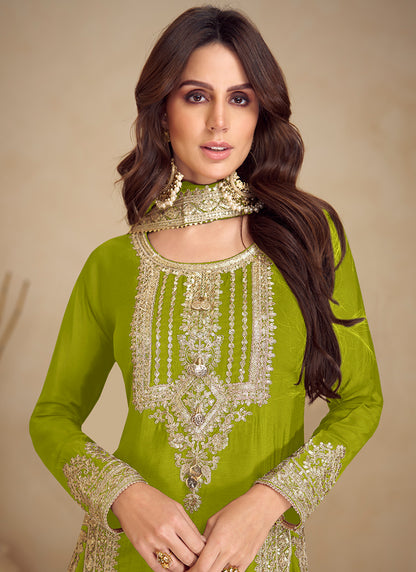 Chinon Mehndi Festival Wear Embroidery Work Readymade Salwar Suit 385863