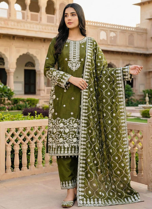 Gmy Silk Mehndi Eid Wear Sequins Embroidery Work Readymade Pakistani Suit 388813