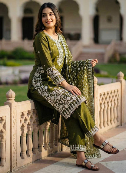 Gmy Silk Mehndi Eid Wear Sequins Embroidery Work Readymade Pakistani Suit 388813