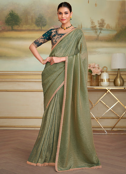 Georgette Mehndi Party Wear Embroidery Work Saree 386394