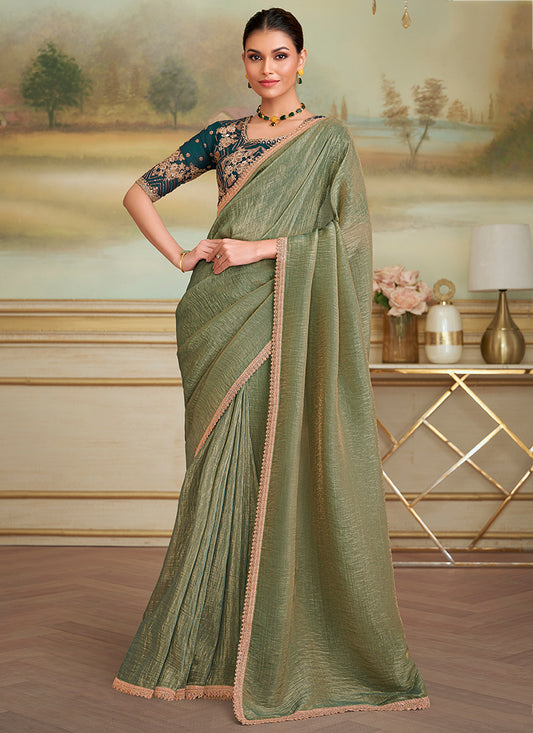 Georgette Mehndi Party Wear Embroidery Work Saree 386394