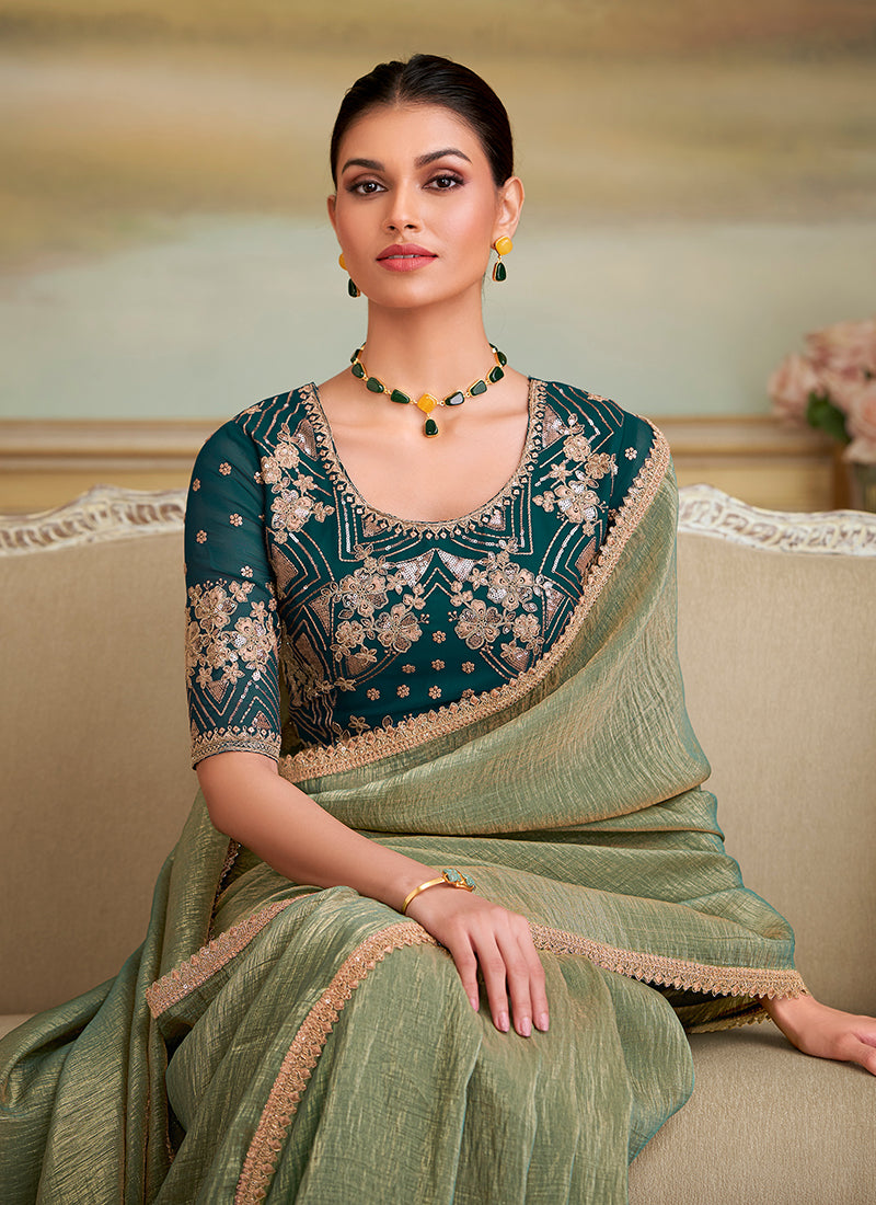 Georgette Mehndi Party Wear Embroidery Work Saree 386394