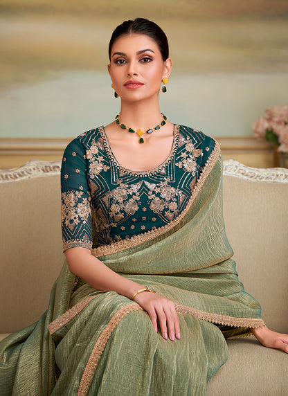 Georgette Mehndi Party Wear Embroidery Work Saree 386394
