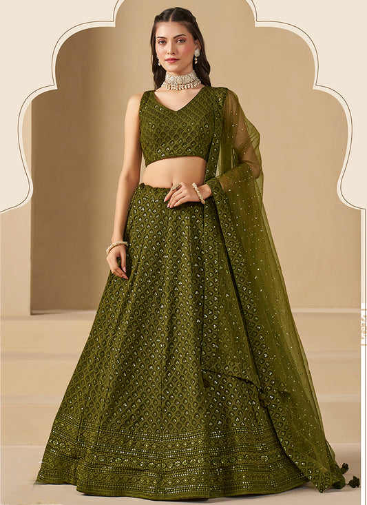 Georgette Mehndi Wedding Wear Thread Embroidery Work Lehenga Choli 385593