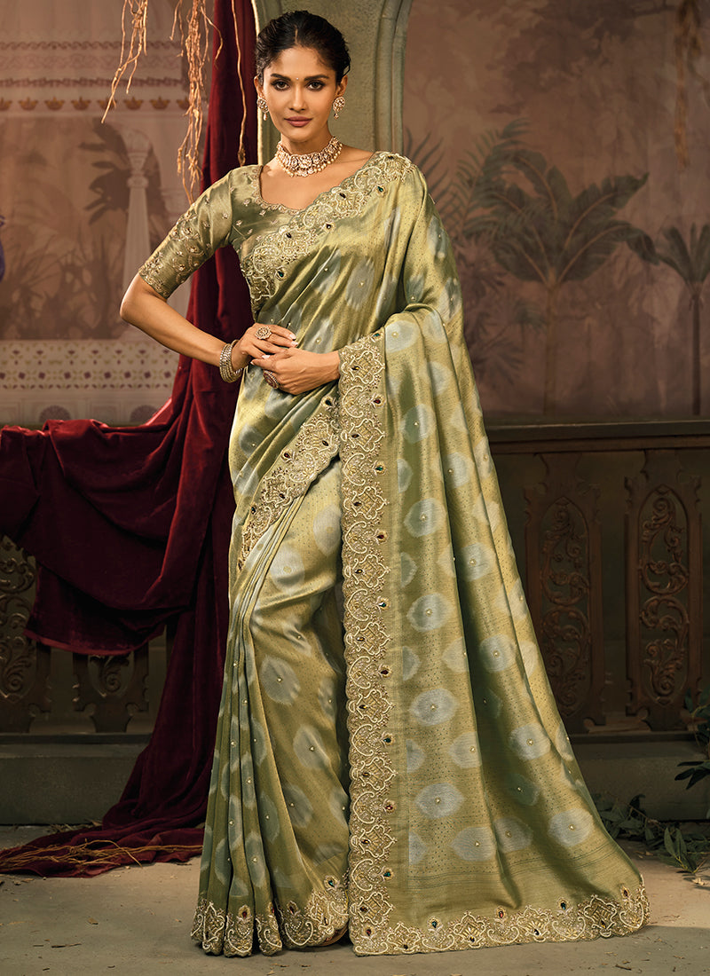 Mehndi Giraffe Silk Embroidery Work Wedding Wear Wedding Saree SW308429