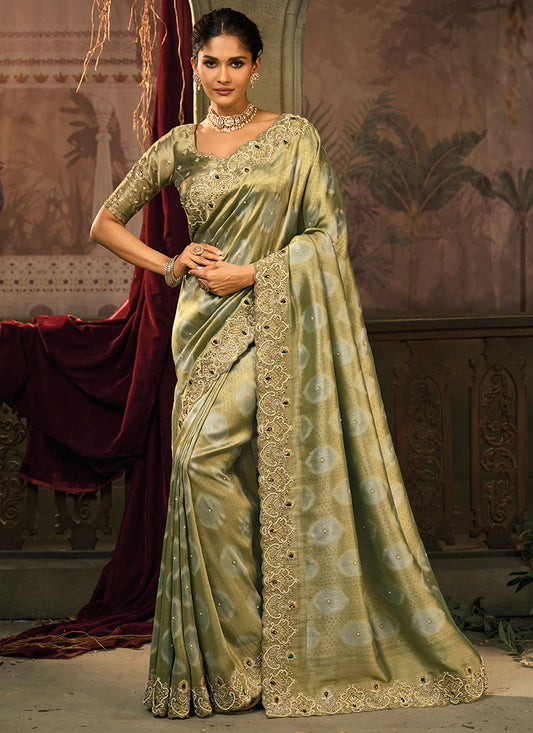 Mehndi Giraffe Silk Embroidery Work Wedding Wear Wedding Saree SW308429