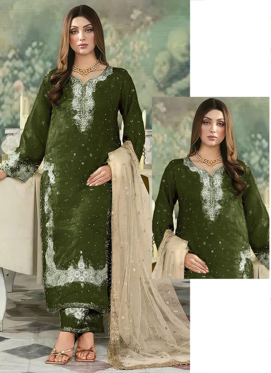 Mehndi Jimmy Choo Embroidery Work Eid Wear Pakistani Suit-SW956133