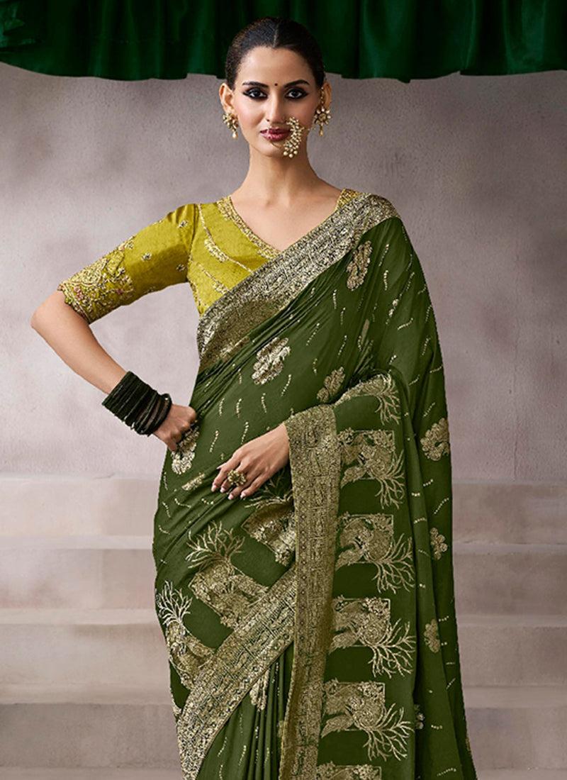 Pure Crepe Mehndi Wedding Wear Heavy Work Wedding Saree 387287