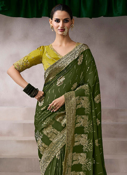 Pure Crepe Mehndi Wedding Wear Heavy Work Wedding Saree 387287