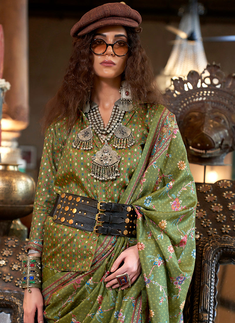 Pv Silk Mehndi Party Wear Printed Work Saree 385827