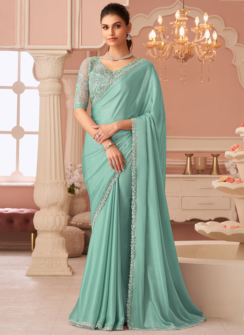 Chiffon Mint Saree with Sequin Work for Occasional Wear 383771