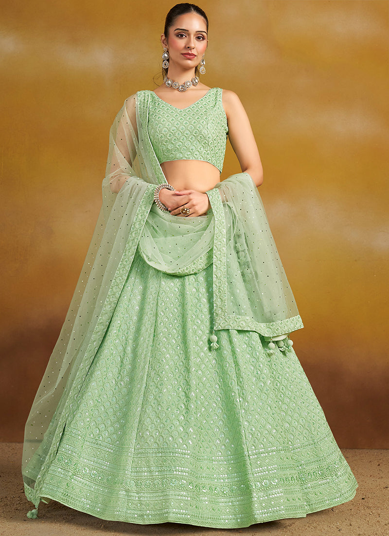 Georgette Mint Green Wedding Wear Thread Embroidery Work Lehenga Choli 385597