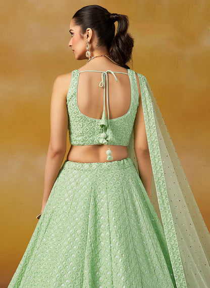 Georgette Mint Green Wedding Wear Thread Embroidery Work Lehenga Choli 385597
