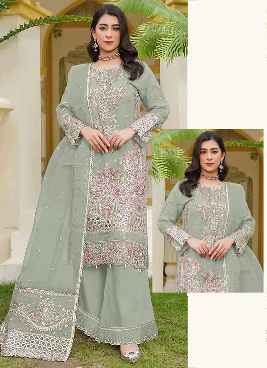 Faux Georgette Mint Green Eid Wear Embroidery Work Pakistani Suit 388565