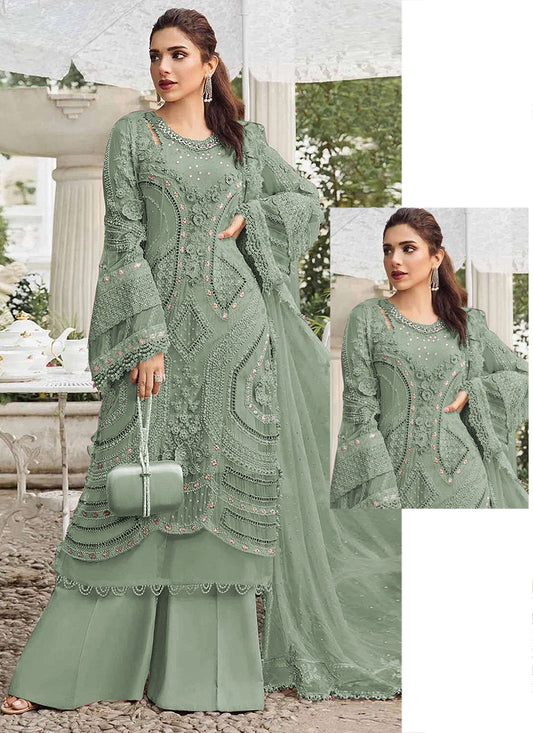 Faux Georgette Mint Green Eid Wear Embroidery Work Pakistani Suit 387664