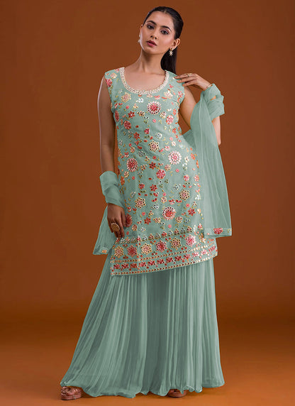 Faux Georgette Mint Green Festival Wear Thread Embroidery Work Sharara Suit 382772