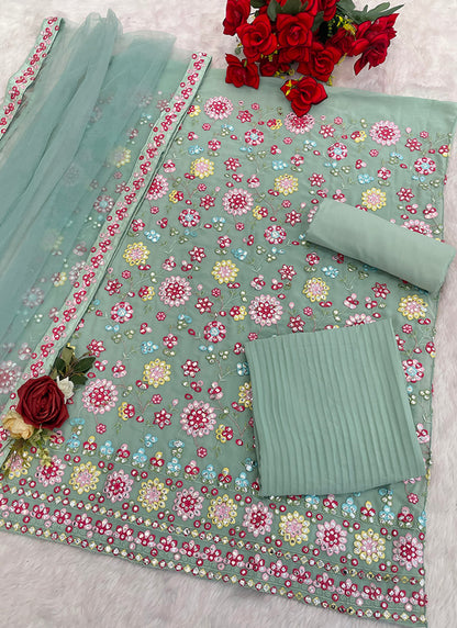 Faux Georgette Mint Green Festival Wear Thread Embroidery Work Sharara Suit 382772