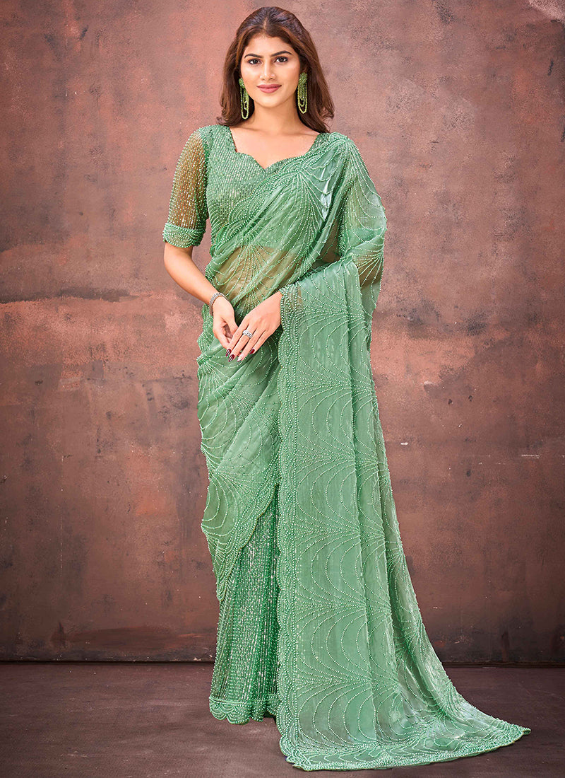 Jimmy Choo Mint Green Wedding Wear Bead Work Ready To Wear Saree 387526