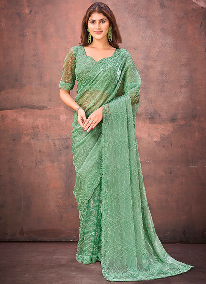 Jimmy Choo Mint Green Wedding Wear Bead Work Ready To Wear Saree 387526