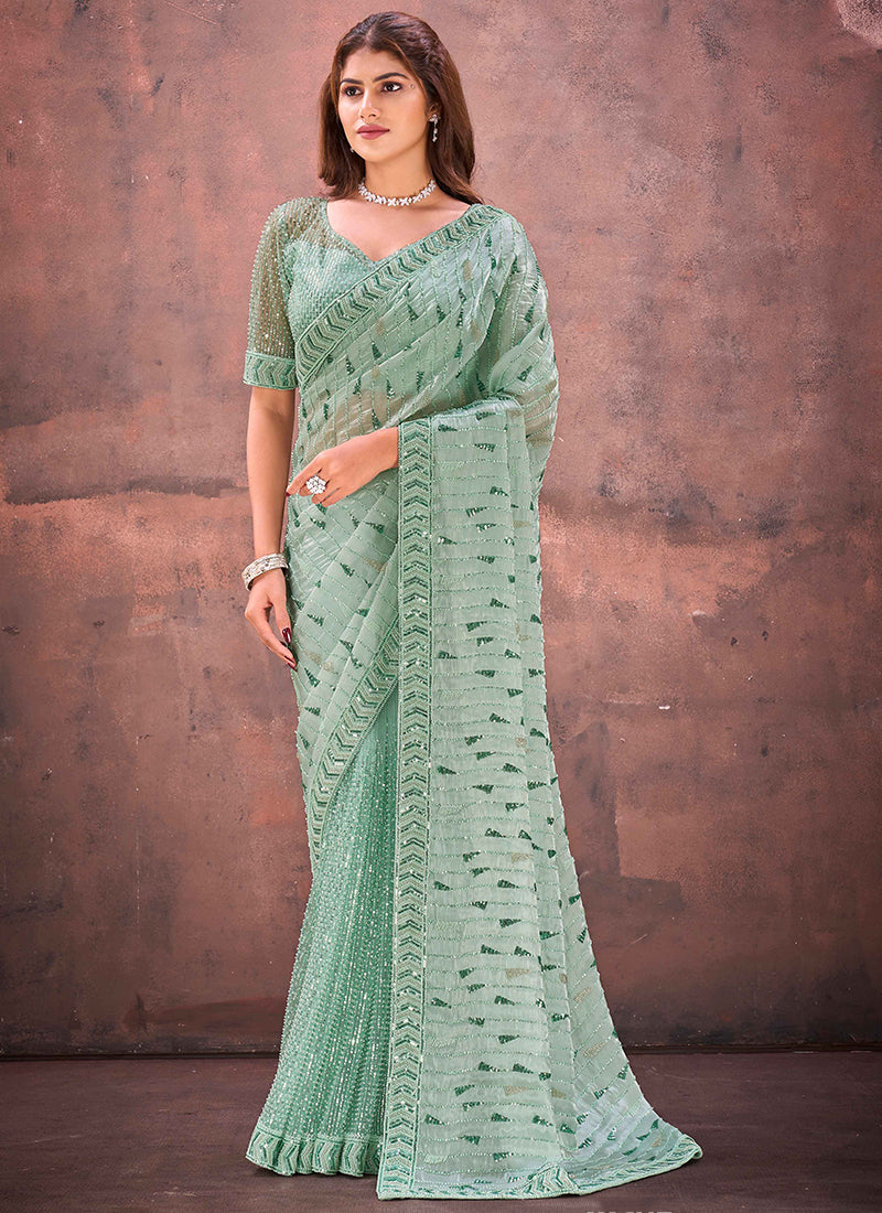 Jimmy Choo Mint Green Wedding Wear Bead Work Ready To Wear Saree 387530