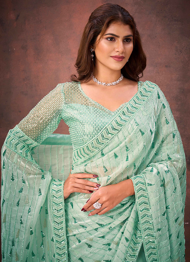 Jimmy Choo Mint Green Wedding Wear Bead Work Ready To Wear Saree 387530