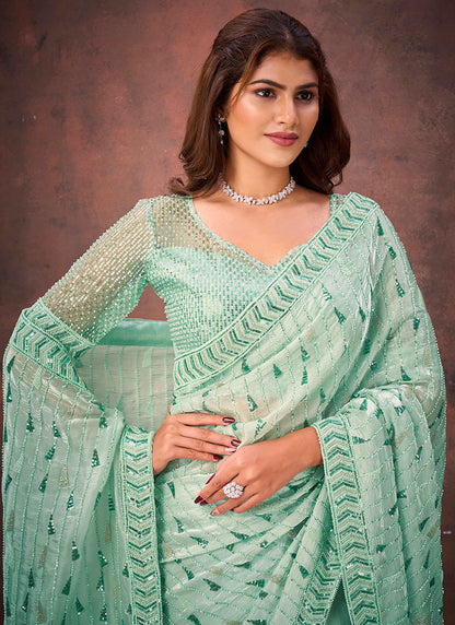 Jimmy Choo Mint Green Wedding Wear Bead Work Ready To Wear Saree 387530