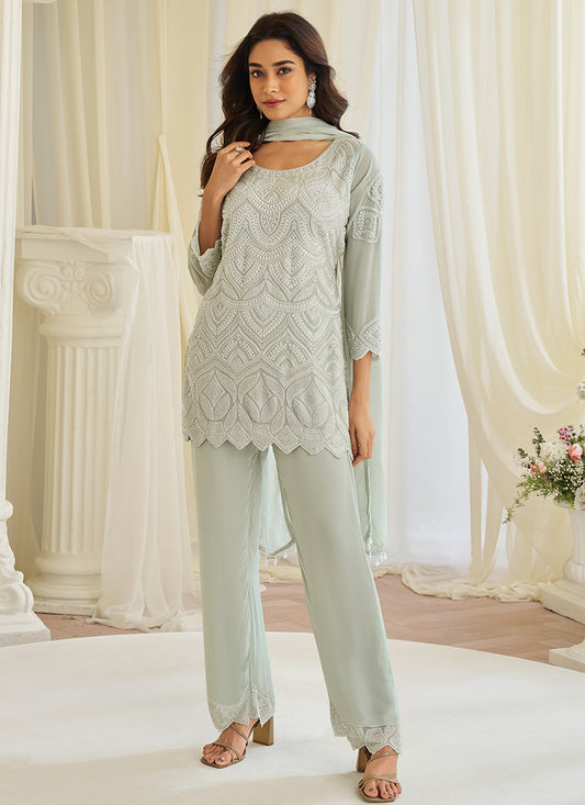 Mint Green Premium Georgette Bead Work Festival Wear Readymade Plazzo Suit SW114123