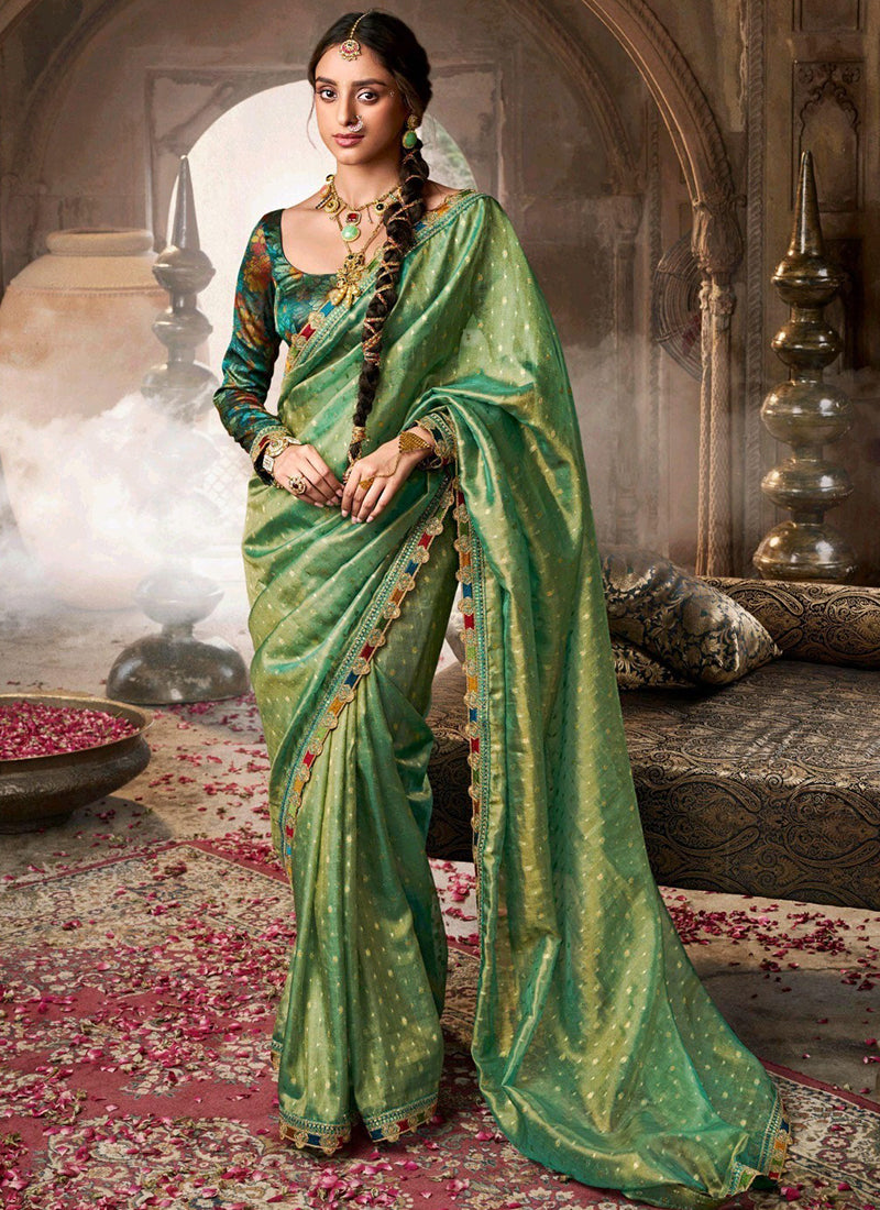 Pure Tissue Mint Green Party Wear Lace Border Work Saree 387560