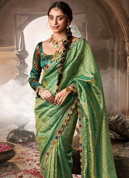 Pure Tissue Mint Green Party Wear Lace Border Work Saree 387560