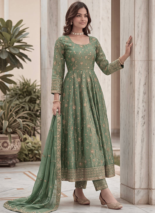 Mint Green Silk Embroidery Work Occasional Wear Readymade Anarkali Suit SW831996