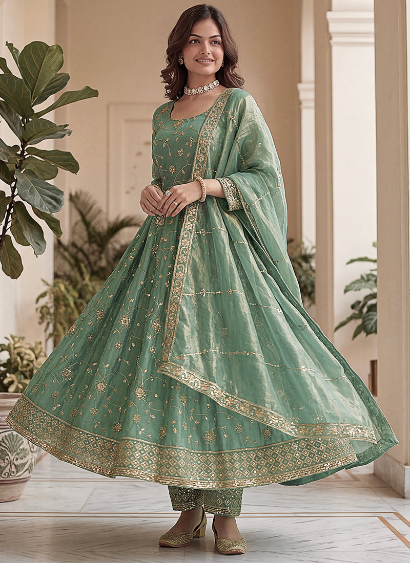 Mint Green Silk Embroidery Work Occasional Wear Readymade Anarkali Suit SW831996