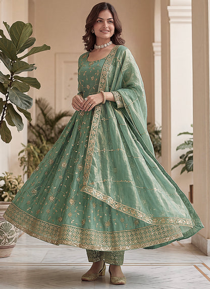 Mint Green Silk Embroidery Work Occasional Wear Readymade Anarkali Suit SW831996