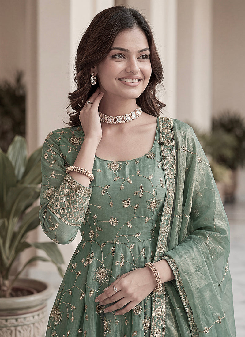 Mint Green Silk Embroidery Work Occasional Wear Readymade Anarkali Suit SW831996