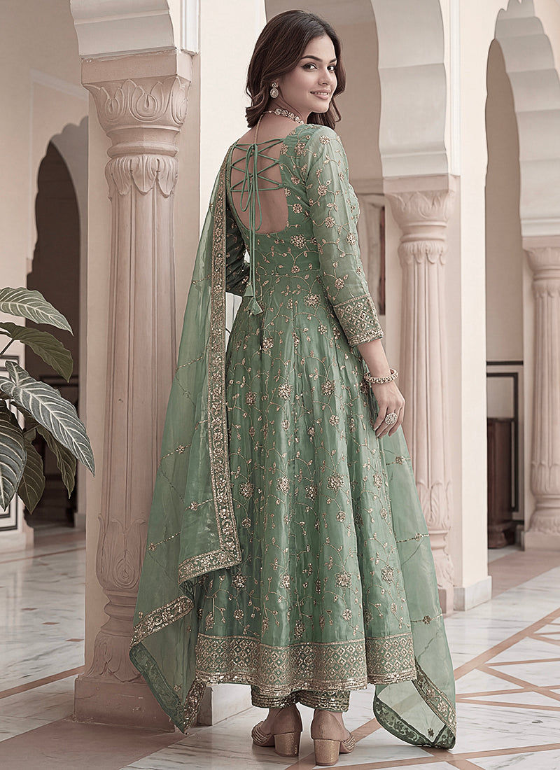 Mint Green Silk Embroidery Work Occasional Wear Readymade Anarkali Suit SW831996