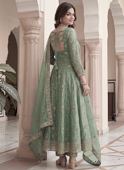 Mint Green Silk Embroidery Work Occasional Wear Readymade Anarkali Suit SW831996