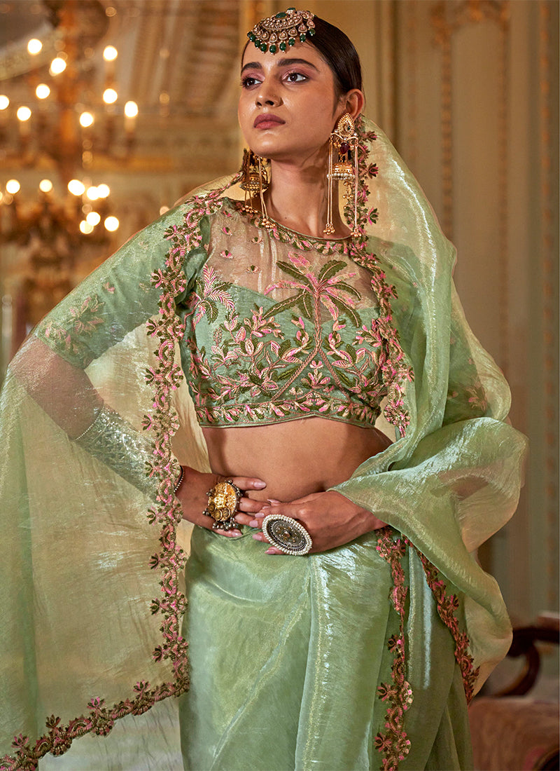 Soft Tissue Mint Green Festival Wear Thread Embroidery Work Designer Saree 388252