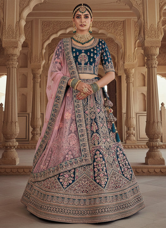 More Peach Velvet Embroidery Work Wedding Wear Lehenga Choli SW669750