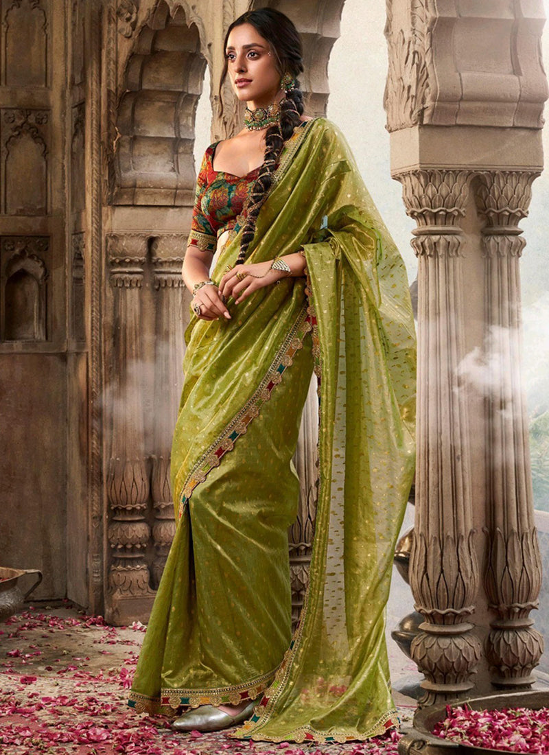 Pure Tissue Moss Green Party Wear Lace Border Work Saree 387562