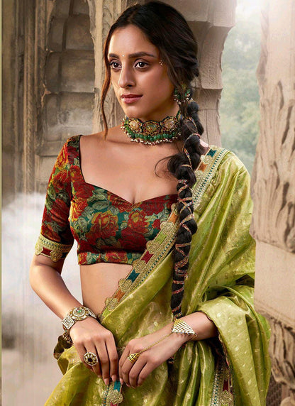 Pure Tissue Moss Green Party Wear Lace Border Work Saree 387562