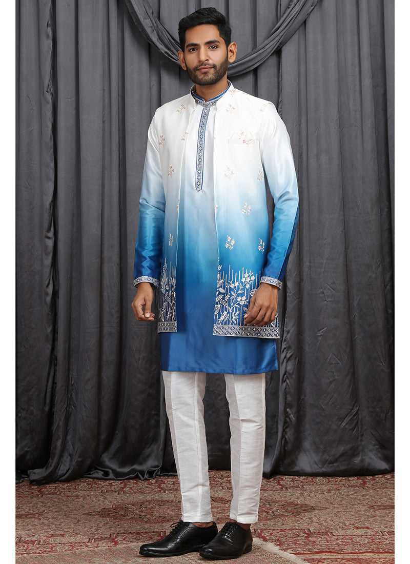Multi Color Art Banarasi Silk Patten Pcs Festival Wear Readymade Kurta Pajama With Jacket SW427997