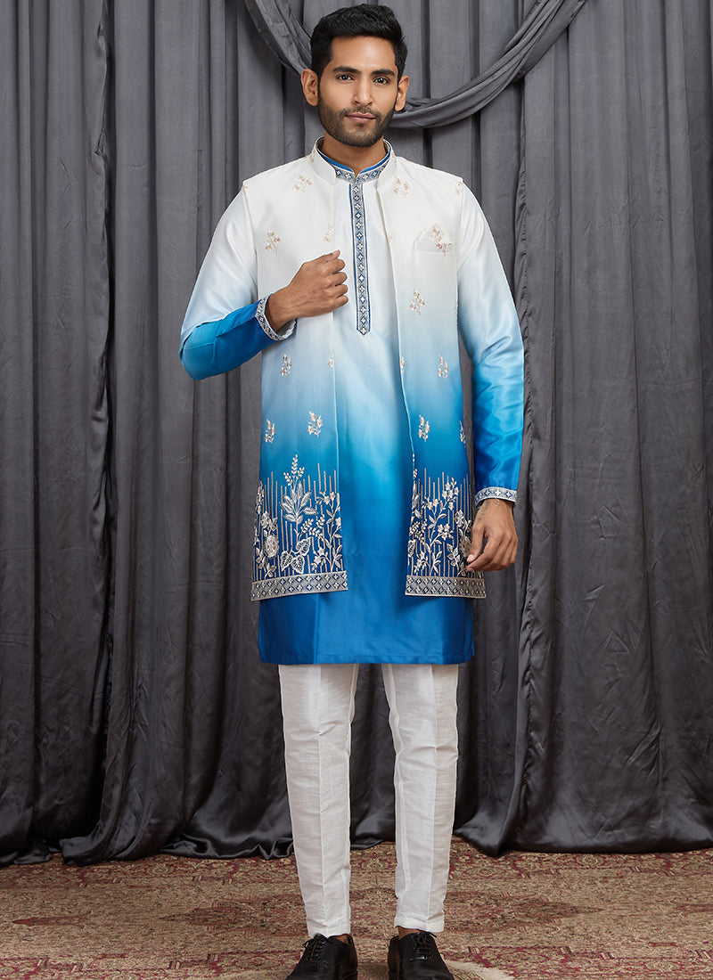 Multi Color Art Banarasi Silk Patten Pcs Festival Wear Readymade Kurta Pajama With Jacket SW427997