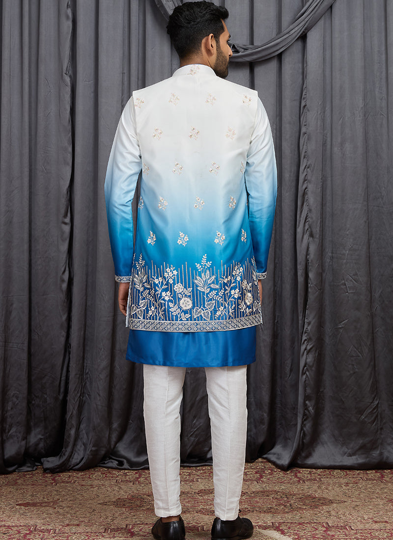 Multi Color Art Banarasi Silk Patten Pcs Festival Wear Readymade Kurta Pajama With Jacket SW427997