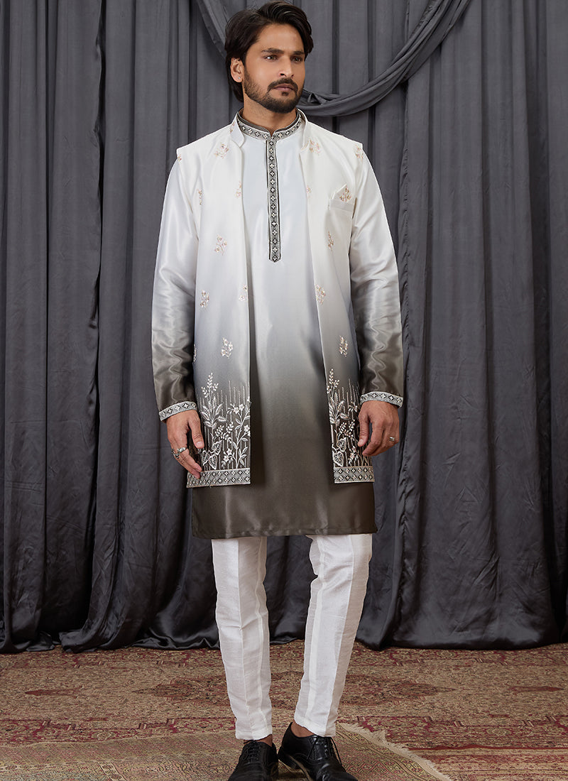 Multi Color Art Banarasi Silk Patten Pcs Festival Wear Readymade Kurta Pajama With Jacket SW726909