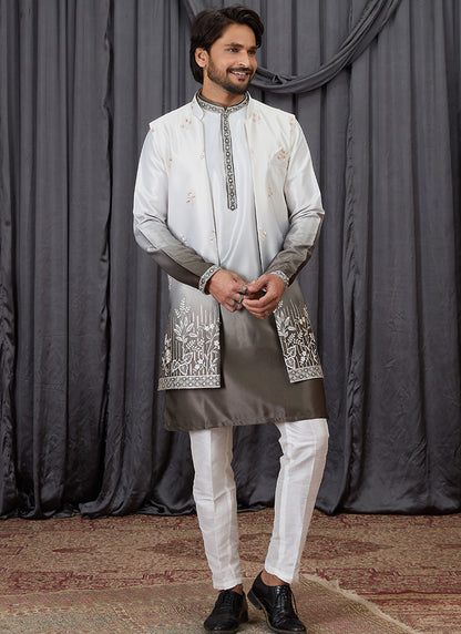 Multi Color Art Banarasi Silk Patten Pcs Festival Wear Readymade Kurta Pajama With Jacket SW726909