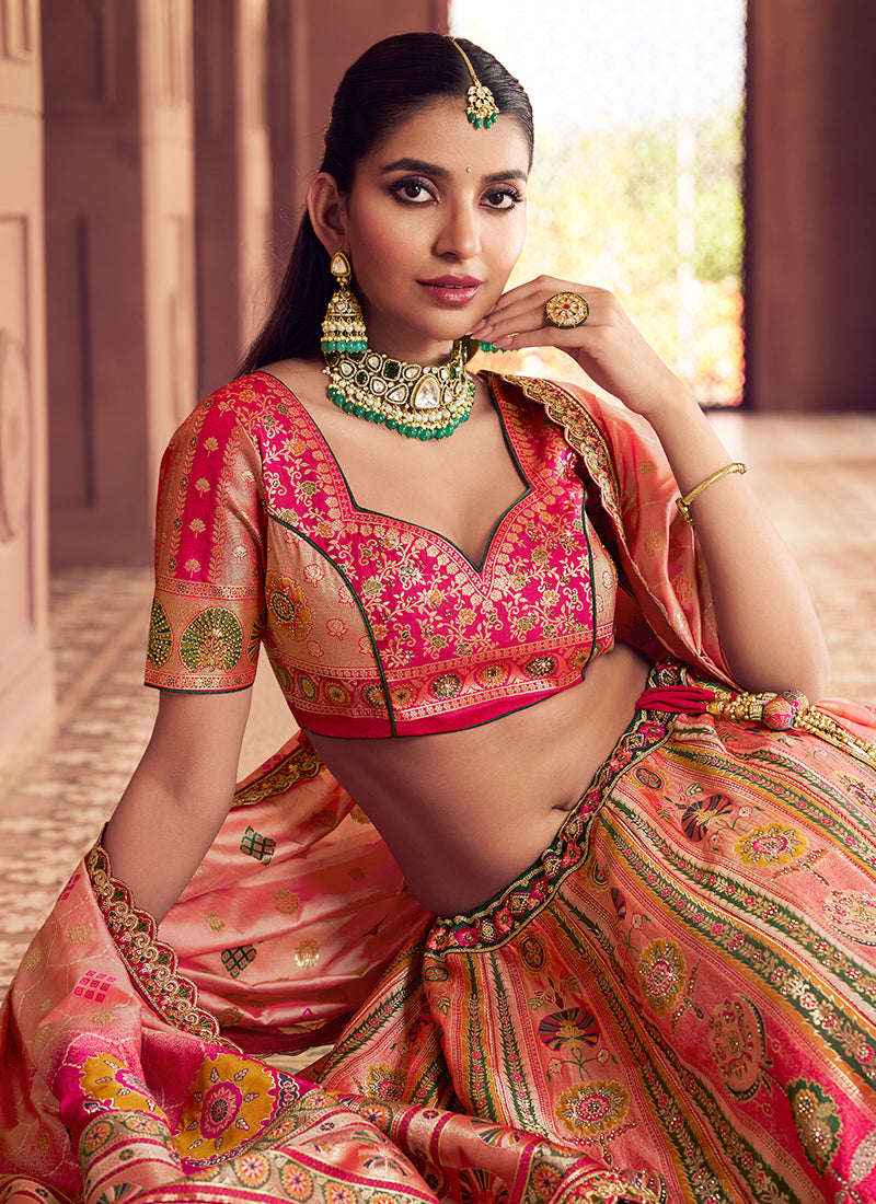 Multi Color Banarasi Silk Embroidery Work Wedding Wear Lehenga Choli SW968874