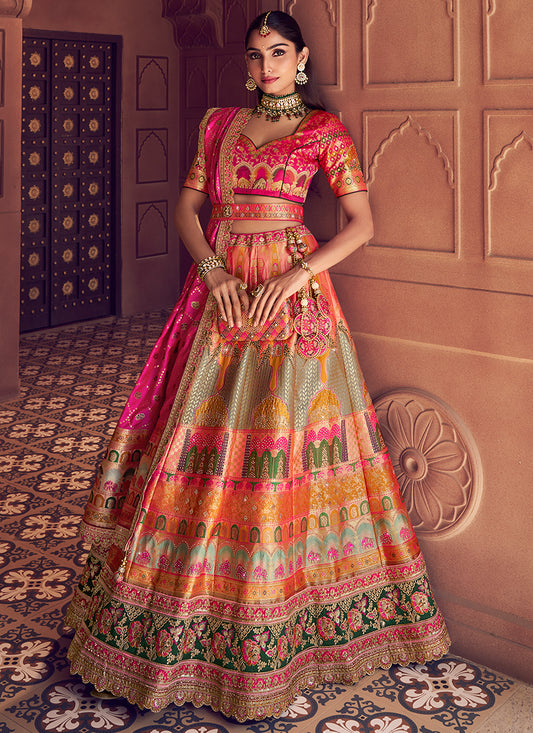 Multi Color Banarasi Silk Embroidery Work Wedding Wear Lehenga Choli SW654039