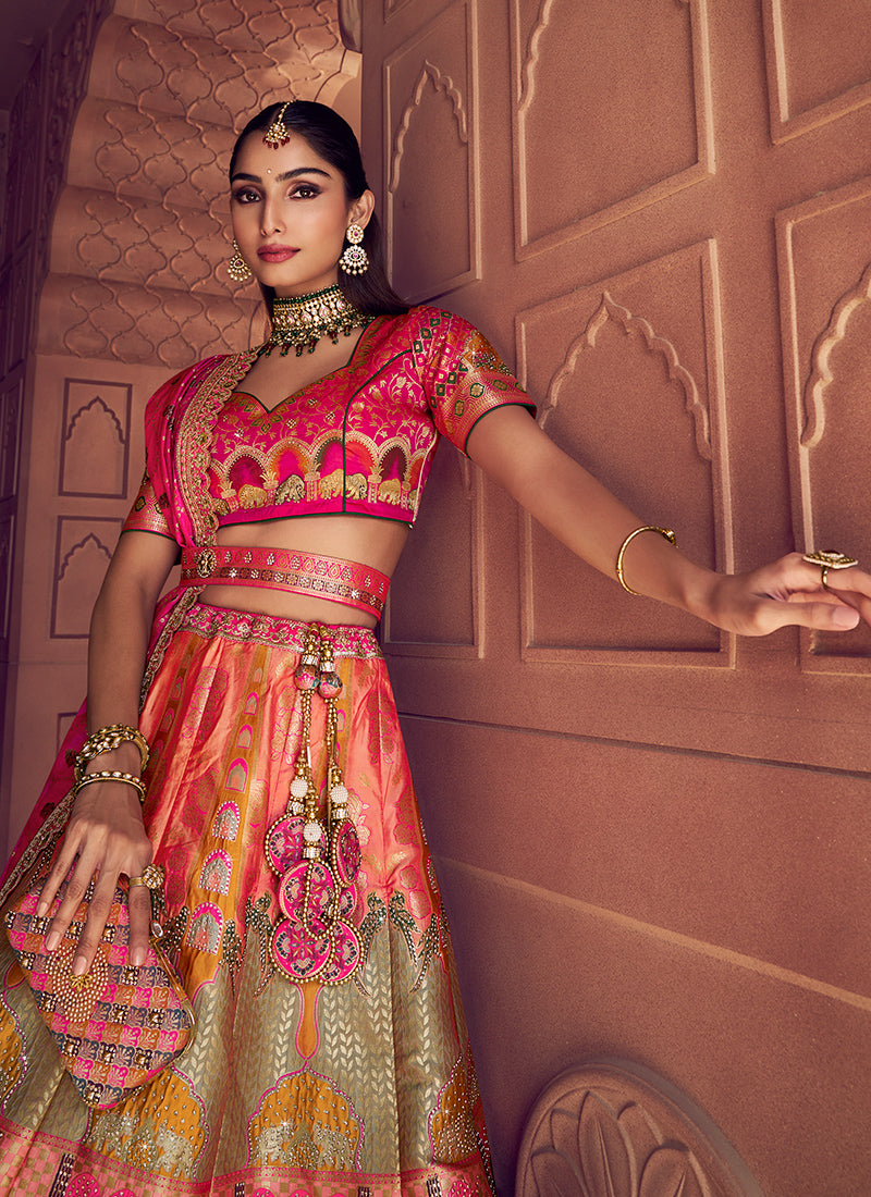 Multi Color Banarasi Silk Embroidery Work Wedding Wear Lehenga Choli SW654039