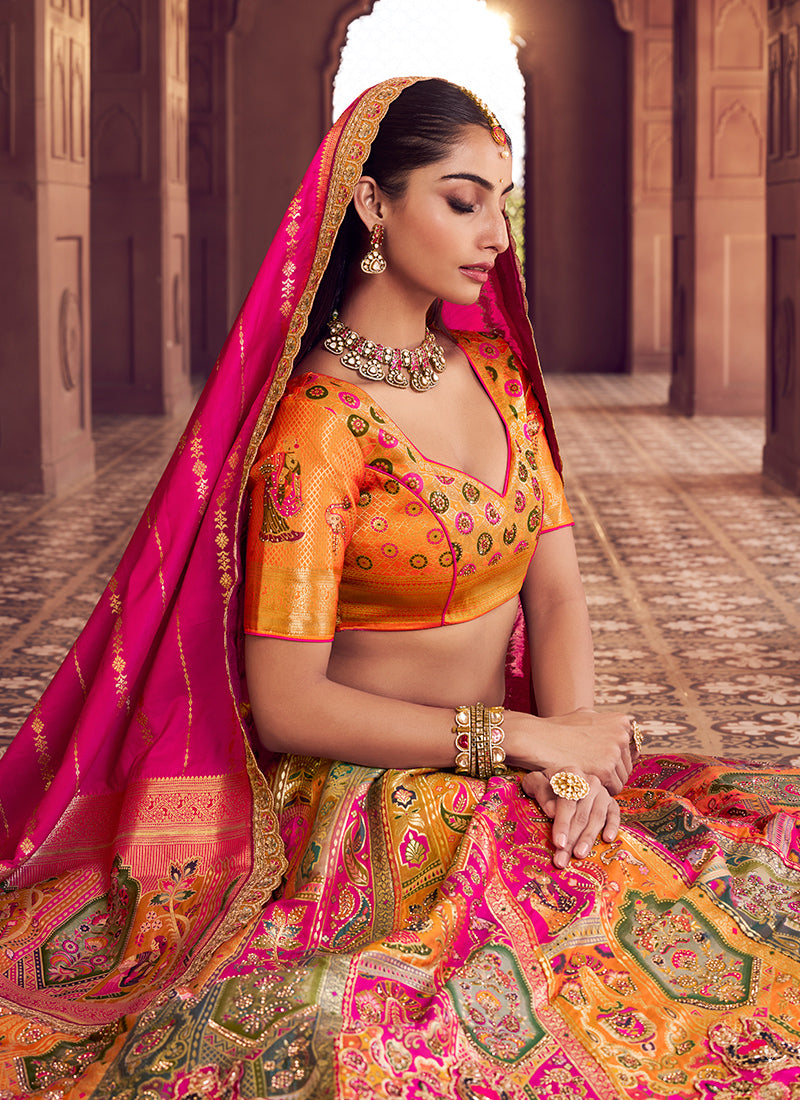 Multi Color Banarasi Silk Embroidery Work Wedding Wear Lehenga Choli SW678209